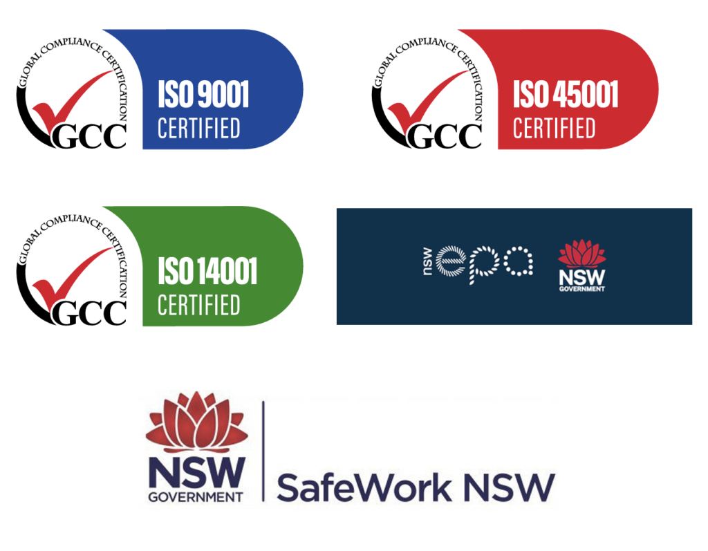 ISO 9001, ISO 45001, ISO 14001, NSW EPA, Safe Work NSW Logos